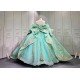 Mumuleo Mint Green Quinceañera Dress | Spaghetti Strap Sweetheart Ballgown with Detachable Puff Sleeves, Gold Sequin Lace & Giant Layered Back Bow