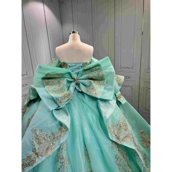Mumuleo Mint Green Quinceañera Dress | Spaghetti Strap Sweetheart Ballgown with Detachable Puff Sleeves, Gold Sequin Lace & Giant Layered Back Bow