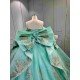 Mumuleo Mint Green Quinceañera Dress | Spaghetti Strap Sweetheart Ballgown with Detachable Puff Sleeves, Gold Sequin Lace & Giant Layered Back Bow