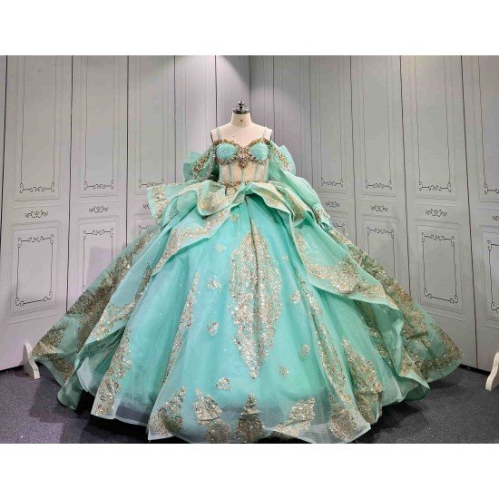 Mumuleo Mint Green Quinceañera Dress | Spaghetti Strap Sweetheart Ballgown with Detachable Puff Sleeves, Gold Sequin Lace & Giant Layered Back Bow