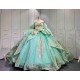 Mumuleo Mint Green Quinceañera Dress | Spaghetti Strap Sweetheart Ballgown with Detachable Puff Sleeves, Gold Sequin Lace & Giant Layered Back Bow