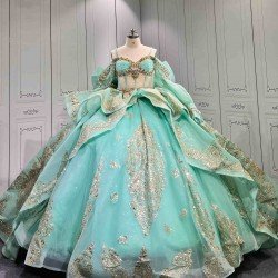 Mumuleo Mint Green Quinceañera Dress | Spaghetti Strap Sweetheart Ballgown with Detachable Puff Sleeves, Gold Sequin Lace & Giant Layered Back Bow