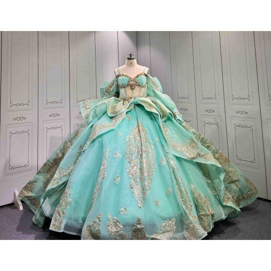 Mumuleo Mint Green Quinceañera Dress | Spaghetti Strap Sweetheart Ballgown with Detachable Puff Sleeves, Gold Sequin Lace & Giant Layered Back Bow
