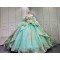 Mumuleo Mint Green Quinceañera Dress | Spaghetti Strap Sweetheart Ballgown with Detachable Puff Sleeves, Gold Sequin Lace & Giant Layered Back Bow