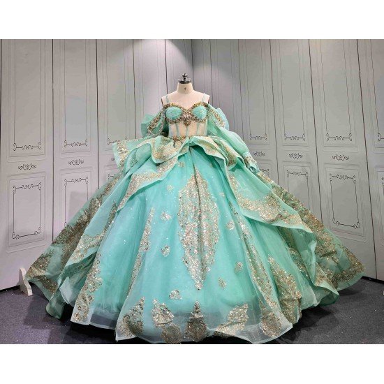 Mumuleo Mint Green Quinceañera Dress | Spaghetti Strap Sweetheart Ballgown with Detachable Puff Sleeves, Gold Sequin Lace & Giant Layered Back Bow