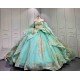 Mumuleo Mint Green Quinceañera Dress | Spaghetti Strap Sweetheart Ballgown with Detachable Puff Sleeves, Gold Sequin Lace & Giant Layered Back Bow