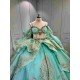 Mumuleo Mint Green Quinceañera Dress | Spaghetti Strap Sweetheart Ballgown with Detachable Puff Sleeves, Gold Sequin Lace & Giant Layered Back Bow