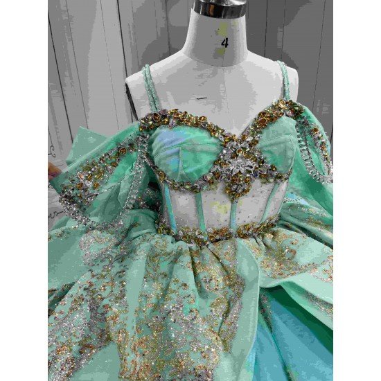 Mumuleo Mint Green Quinceañera Dress | Spaghetti Strap Sweetheart Ballgown with Detachable Puff Sleeves, Gold Sequin Lace & Giant Layered Back Bow