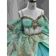 Mumuleo Mint Green Quinceañera Dress | Spaghetti Strap Sweetheart Ballgown with Detachable Puff Sleeves, Gold Sequin Lace & Giant Layered Back Bow