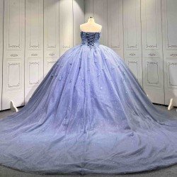 Mumuleo Dusty Blue Glitter Tulle Quinceañera Dress | Spaghetti Straps 3D Floral Ball Gown with Long Court Train