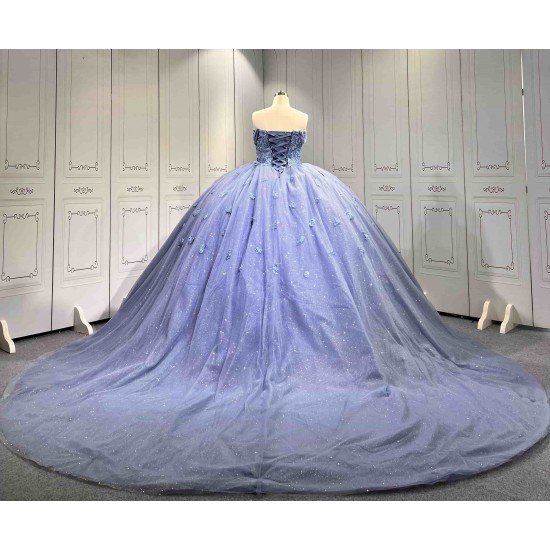Mumuleo Dusty Blue Glitter Tulle Quinceañera Dress | Spaghetti Straps 3D Floral Ball Gown with Long Court Train