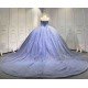 Mumuleo Dusty Blue Glitter Tulle Quinceañera Dress | Spaghetti Straps 3D Floral Ball Gown with Long Court Train