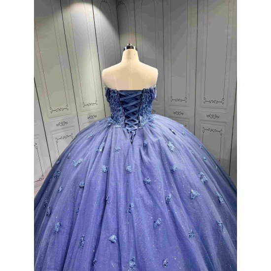 Mumuleo Dusty Blue Glitter Tulle Quinceañera Dress | Spaghetti Straps 3D Floral Ball Gown with Long Court Train