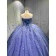 Mumuleo Dusty Blue Glitter Tulle Quinceañera Dress | Spaghetti Straps 3D Floral Ball Gown with Long Court Train