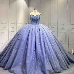Mumuleo Dusty Blue Glitter Tulle Quinceañera Dress | Spaghetti Straps 3D Floral Ball Gown with Long Court Train