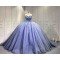 Mumuleo Dusty Blue Glitter Tulle Quinceañera Dress | Spaghetti Straps 3D Floral Ball Gown with Long Court Train
