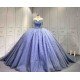 Mumuleo Dusty Blue Glitter Tulle Quinceañera Dress | Spaghetti Straps 3D Floral Ball Gown with Long Court Train