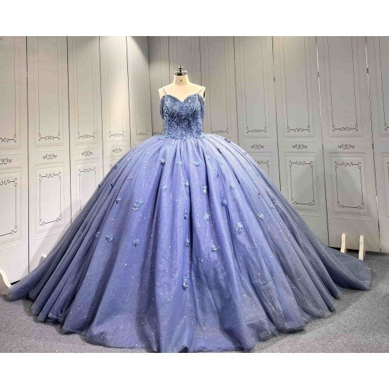 Mumuleo Dusty Blue Glitter Tulle Quinceañera Dress | Spaghetti Straps 3D Floral Ball Gown with Long Court Train
