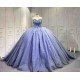 Mumuleo Dusty Blue Glitter Tulle Quinceañera Dress | Spaghetti Straps 3D Floral Ball Gown with Long Court Train