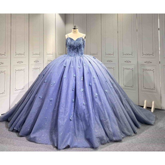 Mumuleo Dusty Blue Glitter Tulle Quinceañera Dress | Spaghetti Straps 3D Floral Ball Gown with Long Court Train