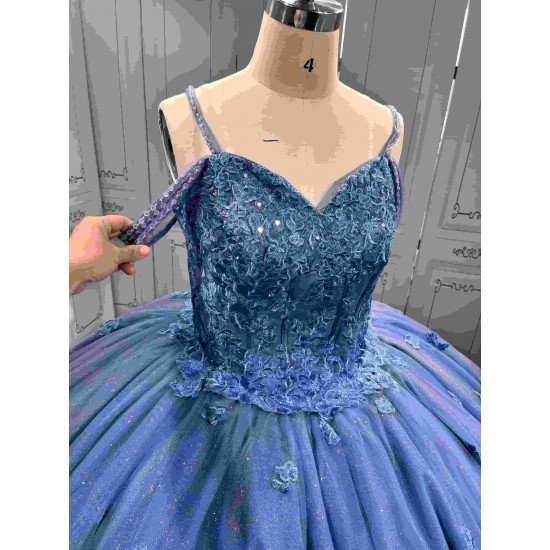 Mumuleo Dusty Blue Glitter Tulle Quinceañera Dress | Spaghetti Straps 3D Floral Ball Gown with Long Court Train
