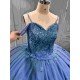 Mumuleo Dusty Blue Glitter Tulle Quinceañera Dress | Spaghetti Straps 3D Floral Ball Gown with Long Court Train