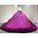Mumuleo Dark Purple Glitter Tulle Quinceañera Dress | Off Shoulder 3D Floral Beaded Ball Gown with Big Bow & Ruffle Train