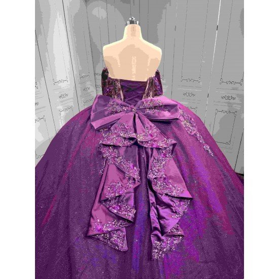Mumuleo Dark Purple Glitter Tulle Quinceañera Dress | Off Shoulder 3D Floral Beaded Ball Gown with Big Bow & Ruffle Train