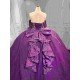 Mumuleo Dark Purple Glitter Tulle Quinceañera Dress | Off Shoulder 3D Floral Beaded Ball Gown with Big Bow & Ruffle Train