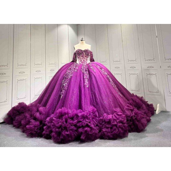 Mumuleo Dark Purple Glitter Tulle Quinceañera Dress | Off Shoulder 3D Floral Beaded Ball Gown with Big Bow & Ruffle Train