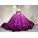 Mumuleo Dark Purple Glitter Tulle Quinceañera Dress | Off Shoulder 3D Floral Beaded Ball Gown with Big Bow & Ruffle Train