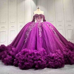 Mumuleo Dark Purple Glitter Tulle Quinceañera Dress | Off Shoulder 3D Floral Beaded Ball Gown with Big Bow & Ruffle Train