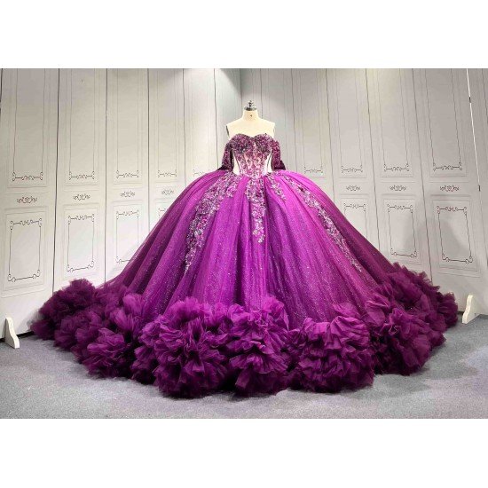 Mumuleo Dark Purple Glitter Tulle Quinceañera Dress | Off Shoulder 3D Floral Beaded Ball Gown with Big Bow & Ruffle Train