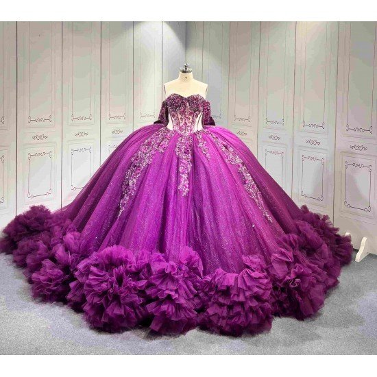 Mumuleo Dark Purple Glitter Tulle Quinceañera Dress | Off Shoulder 3D Floral Beaded Ball Gown with Big Bow & Ruffle Train