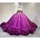 Mumuleo Dark Purple Glitter Tulle Quinceañera Dress | Off Shoulder 3D Floral Beaded Ball Gown with Big Bow & Ruffle Train