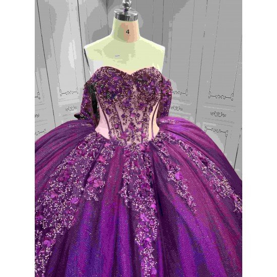 Mumuleo Dark Purple Glitter Tulle Quinceañera Dress | Off Shoulder 3D Floral Beaded Ball Gown with Big Bow & Ruffle Train