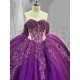 Mumuleo Dark Purple Glitter Tulle Quinceañera Dress | Off Shoulder 3D Floral Beaded Ball Gown with Big Bow & Ruffle Train