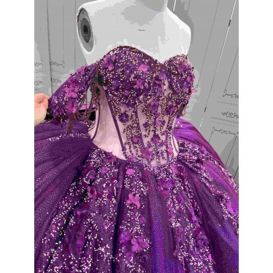 Mumuleo Dark Purple Glitter Tulle Quinceañera Dress | Off Shoulder 3D Floral Beaded Ball Gown with Big Bow & Ruffle Train