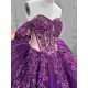 Mumuleo Dark Purple Glitter Tulle Quinceañera Dress | Off Shoulder 3D Floral Beaded Ball Gown with Big Bow & Ruffle Train