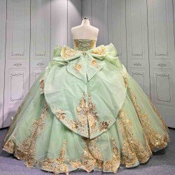 Mumuleo Sage Green Sparkly Tulle Quinceañera Dress | Strapless Gold Sequin Lace Ball Gown with Oversized Back Bow