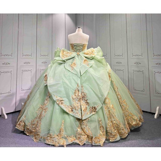 Mumuleo Sage Green Sparkly Tulle Quinceañera Dress | Strapless Gold Sequin Lace Ball Gown with Oversized Back Bow