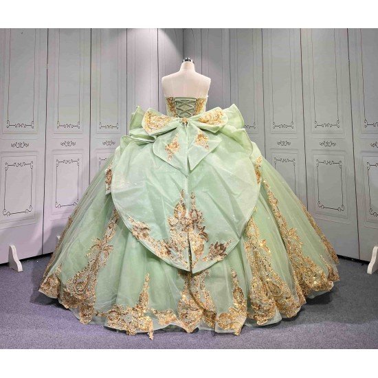 Mumuleo Sage Green Sparkly Tulle Quinceañera Dress | Strapless Gold Sequin Lace Ball Gown with Oversized Back Bow