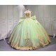 Mumuleo Sage Green Sparkly Tulle Quinceañera Dress | Strapless Gold Sequin Lace Ball Gown with Oversized Back Bow