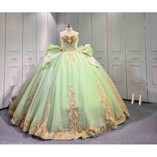 Mumuleo Sage Green Sparkly Tulle Quinceañera Dress | Strapless Gold Sequin Lace Ball Gown with Oversized Back Bow