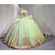 Mumuleo Sage Green Sparkly Tulle Quinceañera Dress | Strapless Gold Sequin Lace Ball Gown with Oversized Back Bow