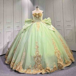 Mumuleo Sage Green Sparkly Tulle Quinceañera Dress | Strapless Gold Sequin Lace Ball Gown with Oversized Back Bow