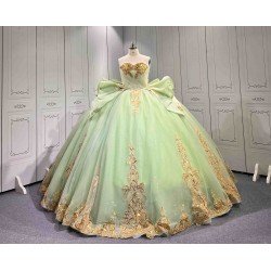 Mumuleo Sage Green Sparkly Tulle Quinceañera Dress | Strapless Gold Sequin Lace Ball Gown with Oversized Back Bow