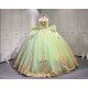 Mumuleo Sage Green Sparkly Tulle Quinceañera Dress | Strapless Gold Sequin Lace Ball Gown with Oversized Back Bow