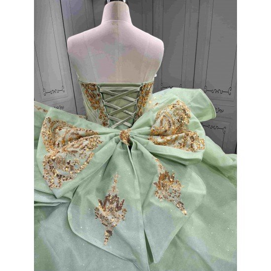 Mumuleo Sage Green Sparkly Tulle Quinceañera Dress | Strapless Gold Sequin Lace Ball Gown with Oversized Back Bow