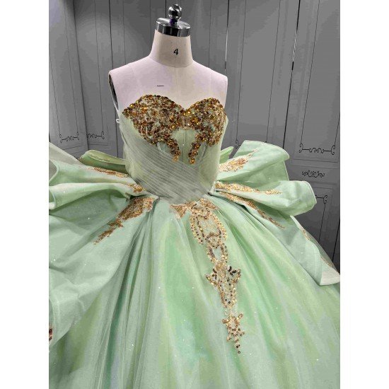 Mumuleo Sage Green Sparkly Tulle Quinceañera Dress | Strapless Gold Sequin Lace Ball Gown with Oversized Back Bow